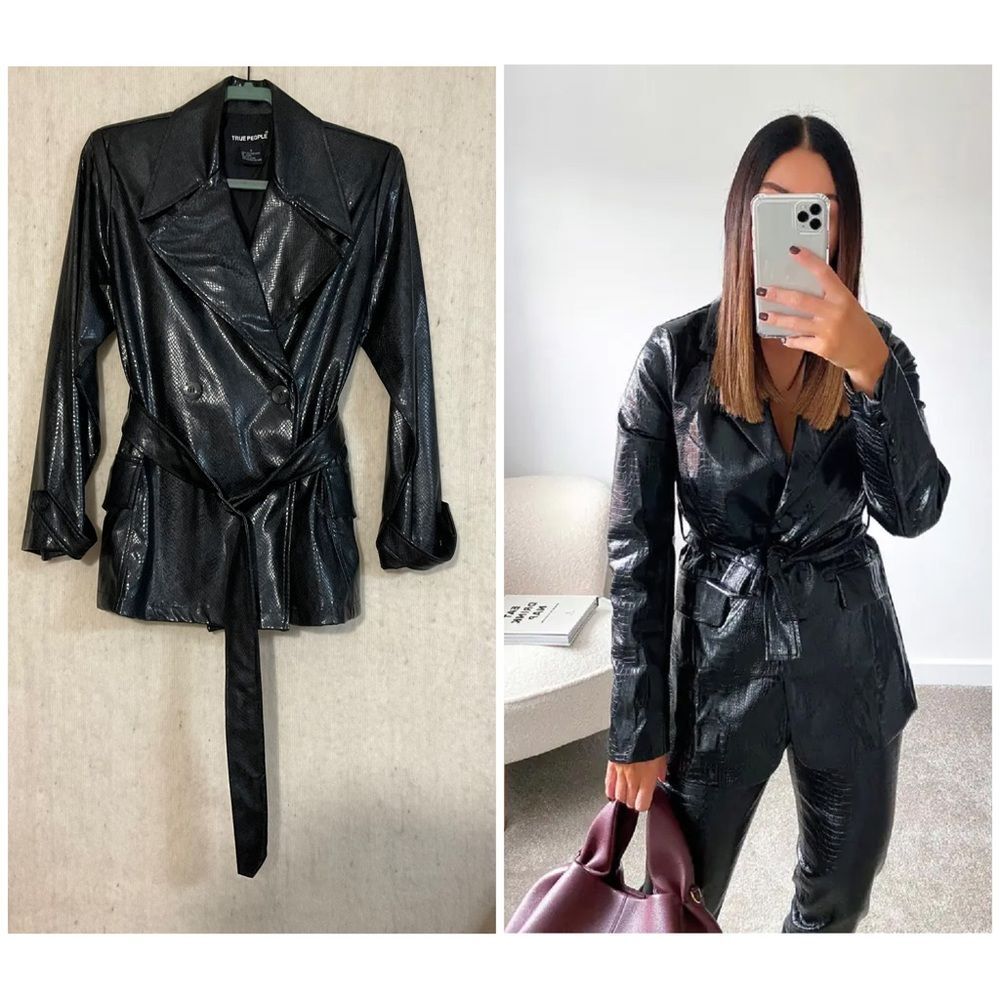 Y2K Vegan Faux Leather Snakeskin Belted Blazer Jacket Size Small